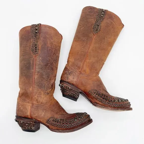 Lucchese Women’s 9 Brown Mad Dog Stud Wingtip Distressed Western Cowgirl Boots - Picture 3 of 12